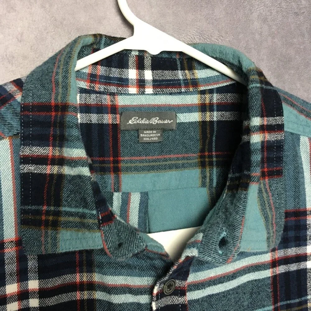 Eddie Bauer Mens Plaid Flannel‎ Shirt size XXL Long Sleeve Button Up Pocket Blue